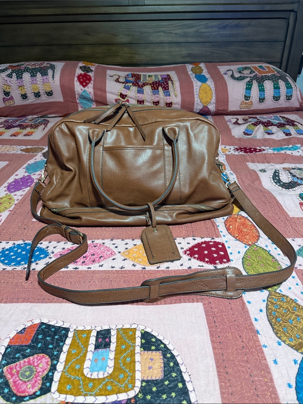 Sole Society Cognac Vegan Leather Weekender Bag with Shoe Compartment